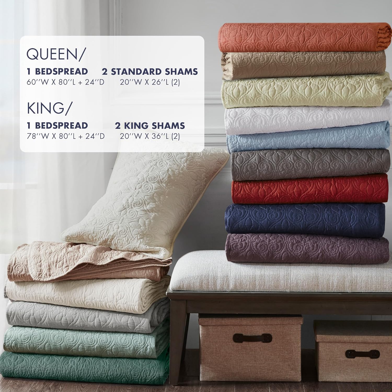 Madison Park Quebec Split Corner Quilted Bedspread Classic Traditional Design All Season, Lightweight, Bedding Set, Matching Shams, Queen, Damask Quilted Navy 3 Piece