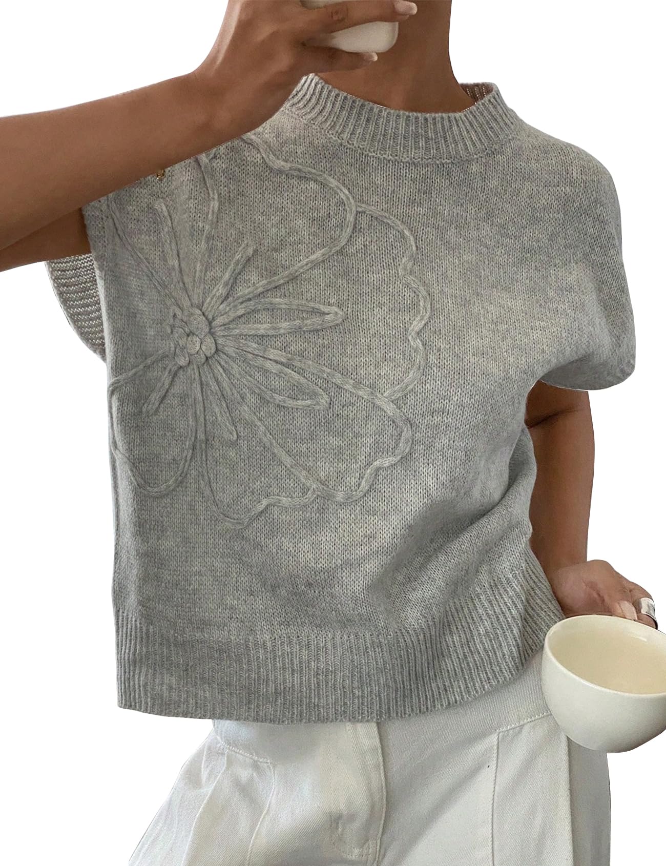 Womens Casual Floral Flower Sweater Vest Crew Neck Sleeveless Summer Loose Ribbed Knit Pullover Tops