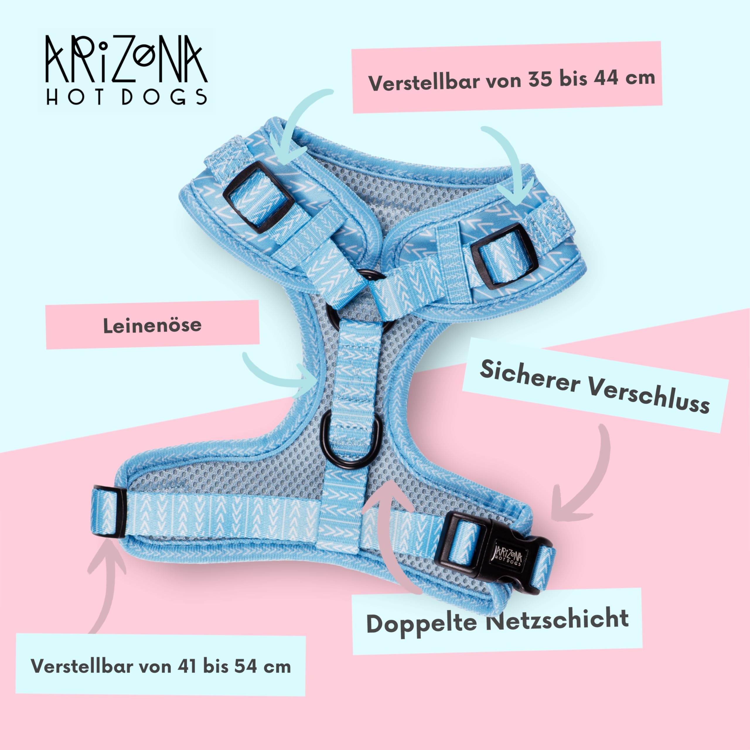 Arnés para perros con correa de 1,5 m para perros pequeños | Arizona Hotdogs Soft Arnés neopreno | Bubble Gum azul con patrón de flechas (S)