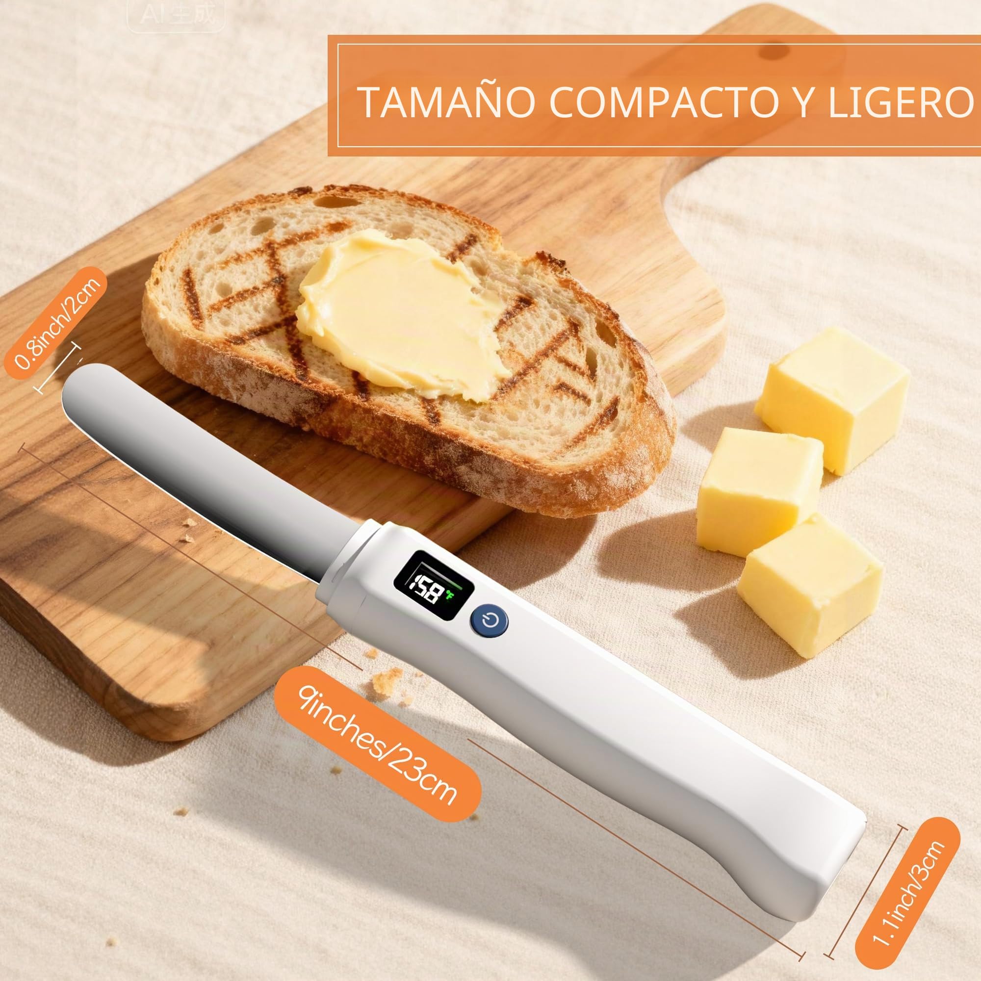 Cuchillo Esparcidor con Calor, Eléctrico Inteligente Cuchillo Cortador Mantequilla Acero Inoxidable, Temperatura Ajustable (55 °C/70 °C), Resistente al Agua, Recargable, para Mantequilla Dura, Queso