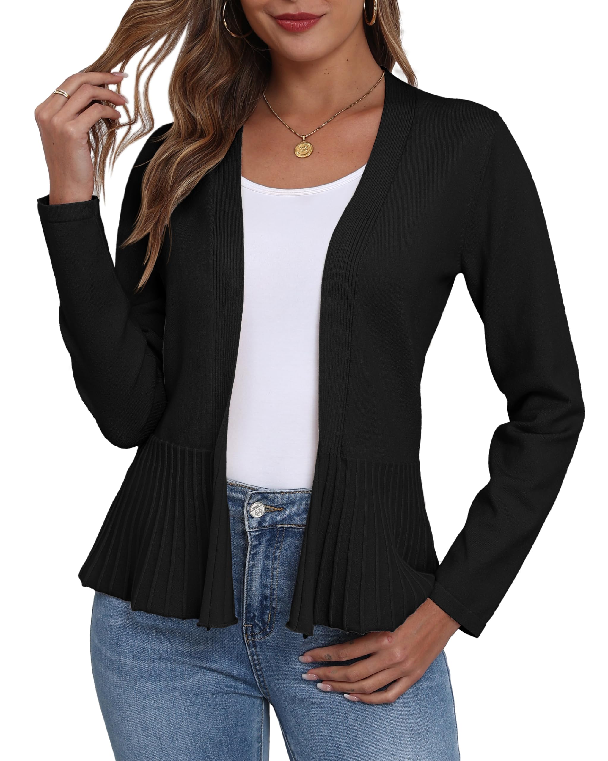 GRECERELLE Cárdigan de punto para mujer con dobladillo plisado, ligero, manga larga, cárdigan para mujer, corto, elegante, informal, con frente abierto, bolero Cover Up