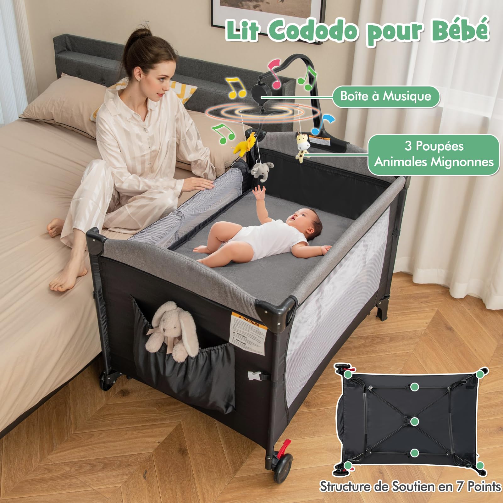 DREAMADE 5 en 1 Lit Parapluie Bébé 125x65x78CM avec Matelas,Lit Cododo Tout-Petites 0-3 Ans avec Hauteur Réglable,Boîte à Musique,Roues avec Freins,Table à Langer,Porte-Couches,Jouets (Nouveau, Noir)