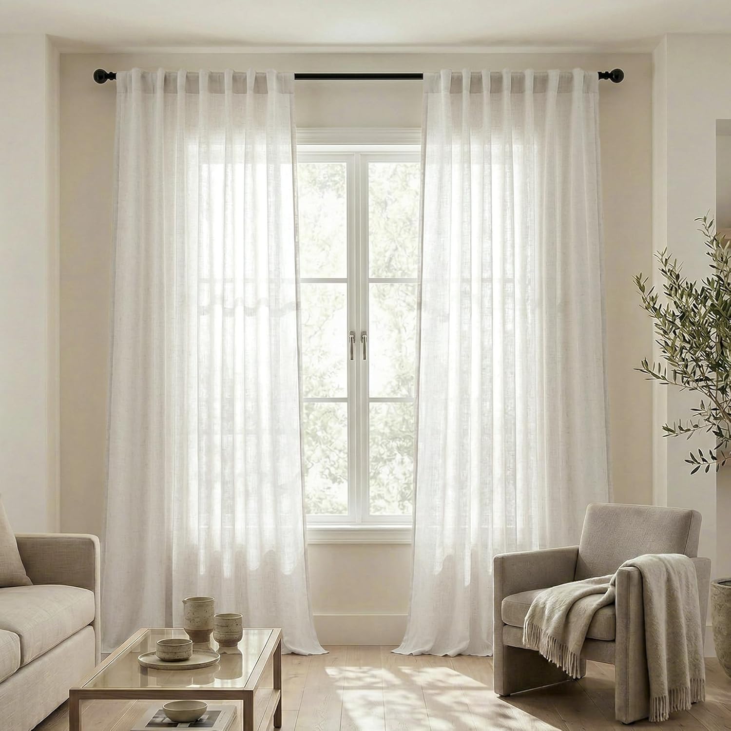 Mrs.Naturall 90 Inch Linen Curtains, Lightweight Semi Sheer Light Filtering Drapes, Back Tab Window Drapery for Living Room Bedroom 2 Panel Set, Cream, 52" W x 90" L