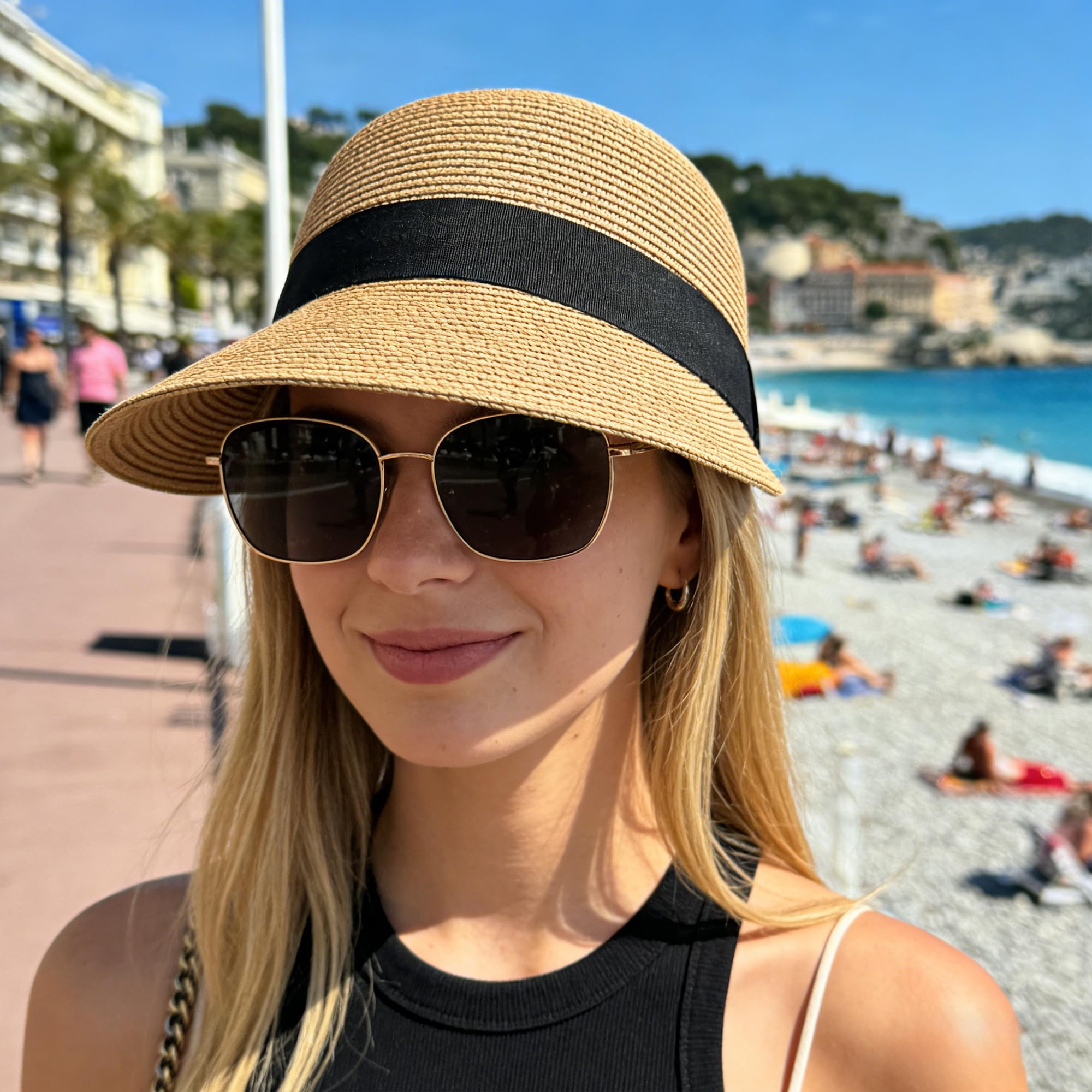 Wildarms De Mujer Summer Straw Sun Hat - Negro Ribbon Foldable Outdoor Floppy Straw Beach Hats (, Talla única, Beige)