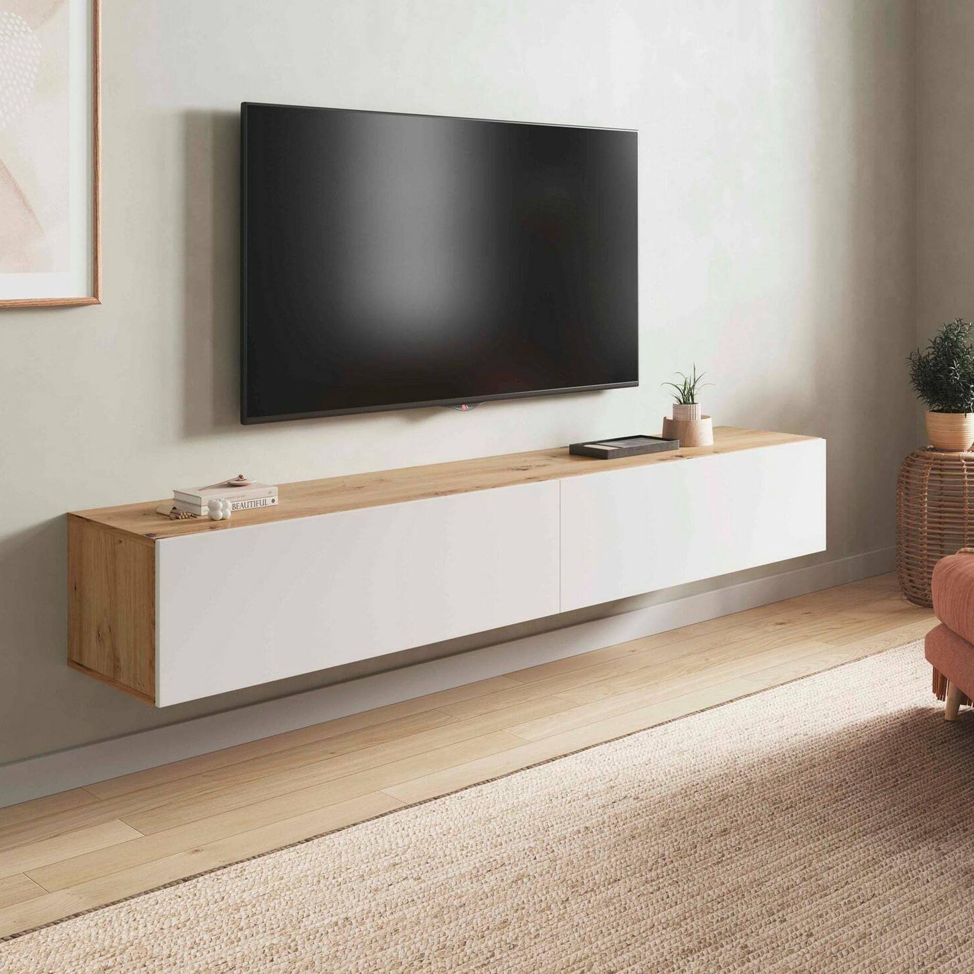 Dmora - Mobile porta TV Vincennes, Porta TV a 2 ante, Mobile sospeso soggiorno, 180x35h28 cm, Rovere Nodi e Bianco