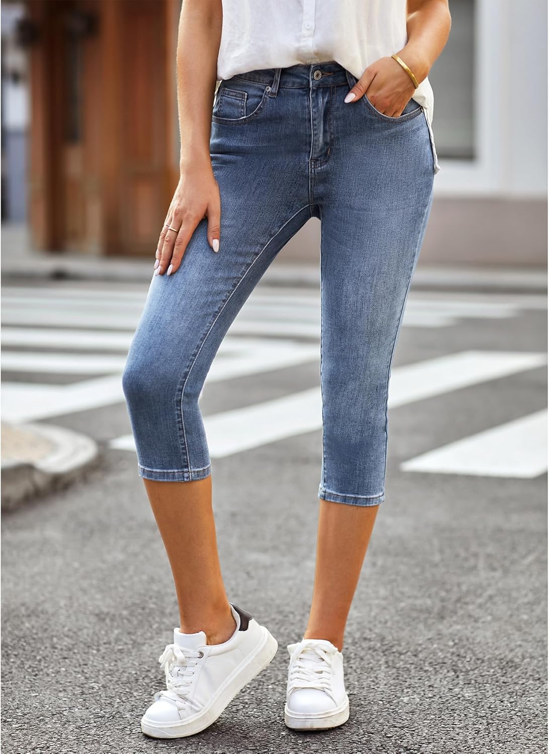 Vetinee Women's High Waisted Casual Ripped Skinny Slim Fit Stretch Denim Capri Jeans - Image 8