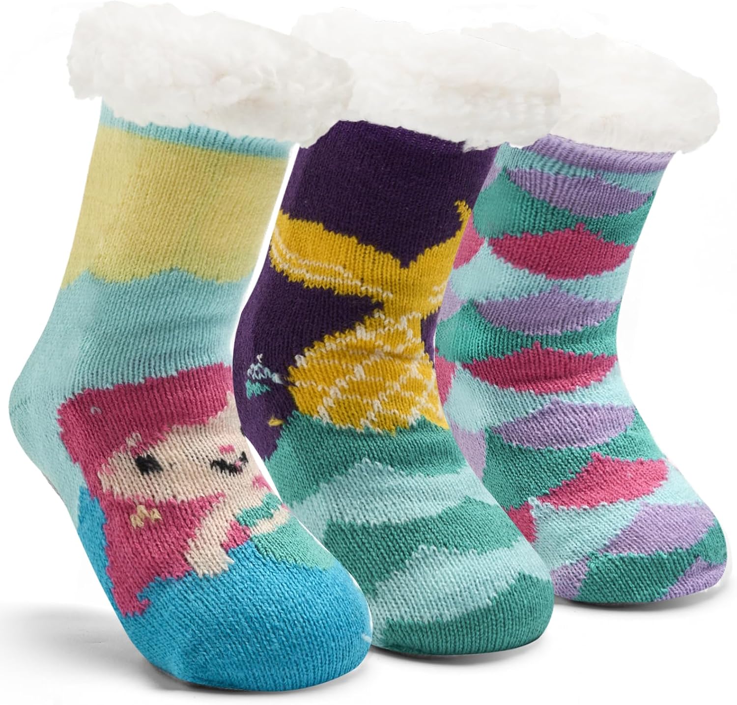 Boys Fuzzy Socks Winter Warm Socks for Kids Girls Fluffy Floor Socks with Grips for Home 3 Pack