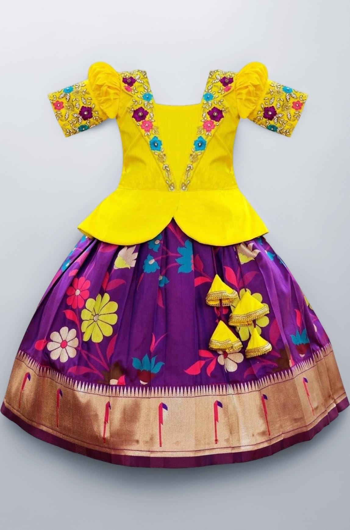 White Button Girls South Indian Pattu Pavadai | Traditional Digital Print Satin Lehenga Choli Set