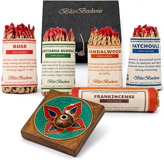 Tibetan Rope Incense Gift Set, 150 Pieces, 5 Natural Fragrances with Handmade Incense Holder and Lokta Gift Box