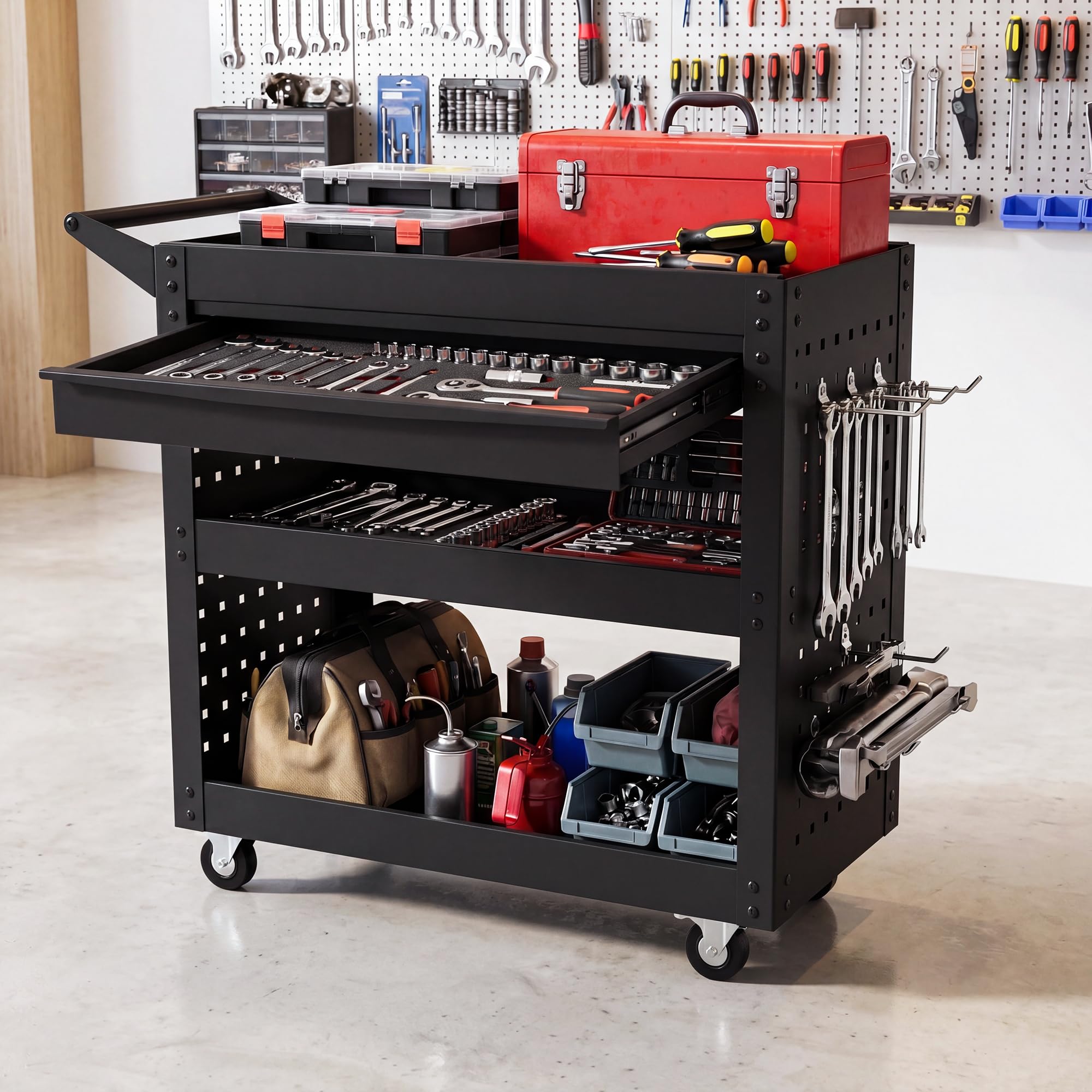 GYMAX Chariot à Outils, 3 Niveaux de Rangement & Tiroir & 2 Panneaux Perforés & 8 Crochets, roulettes Veroouillables, Servante Roulant en Métal pour Atelier, Garage et Entrepôt