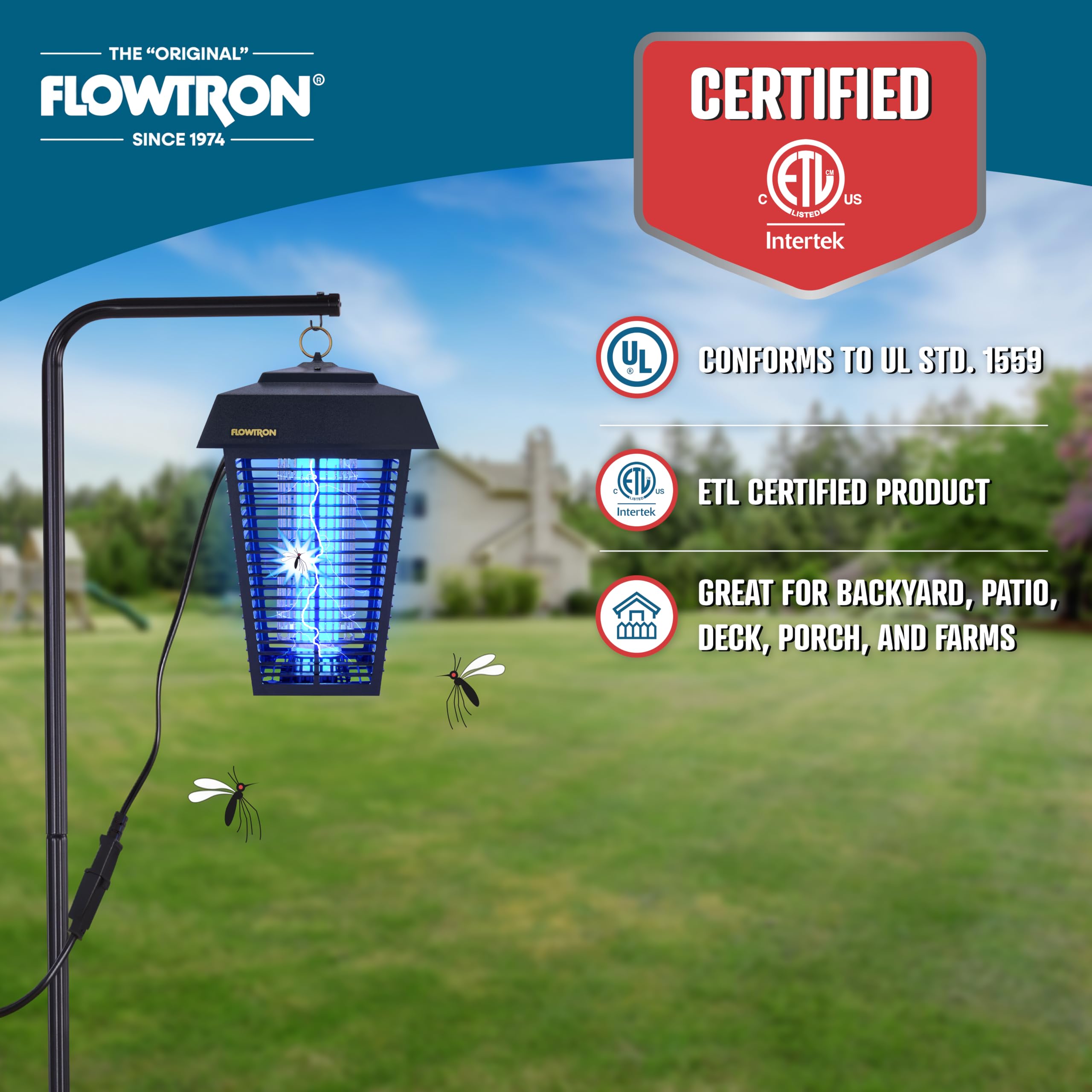 Flowtron Bug Zapper, zasięg zewnętrzny 1-1/2 akra z wydajną żarówką 80 W i siatką natychmiastowego zabijania 5600 V, owadami elektrycznymi, owadami elektrycznymi, muchami i moskitierami, wyprodukowano