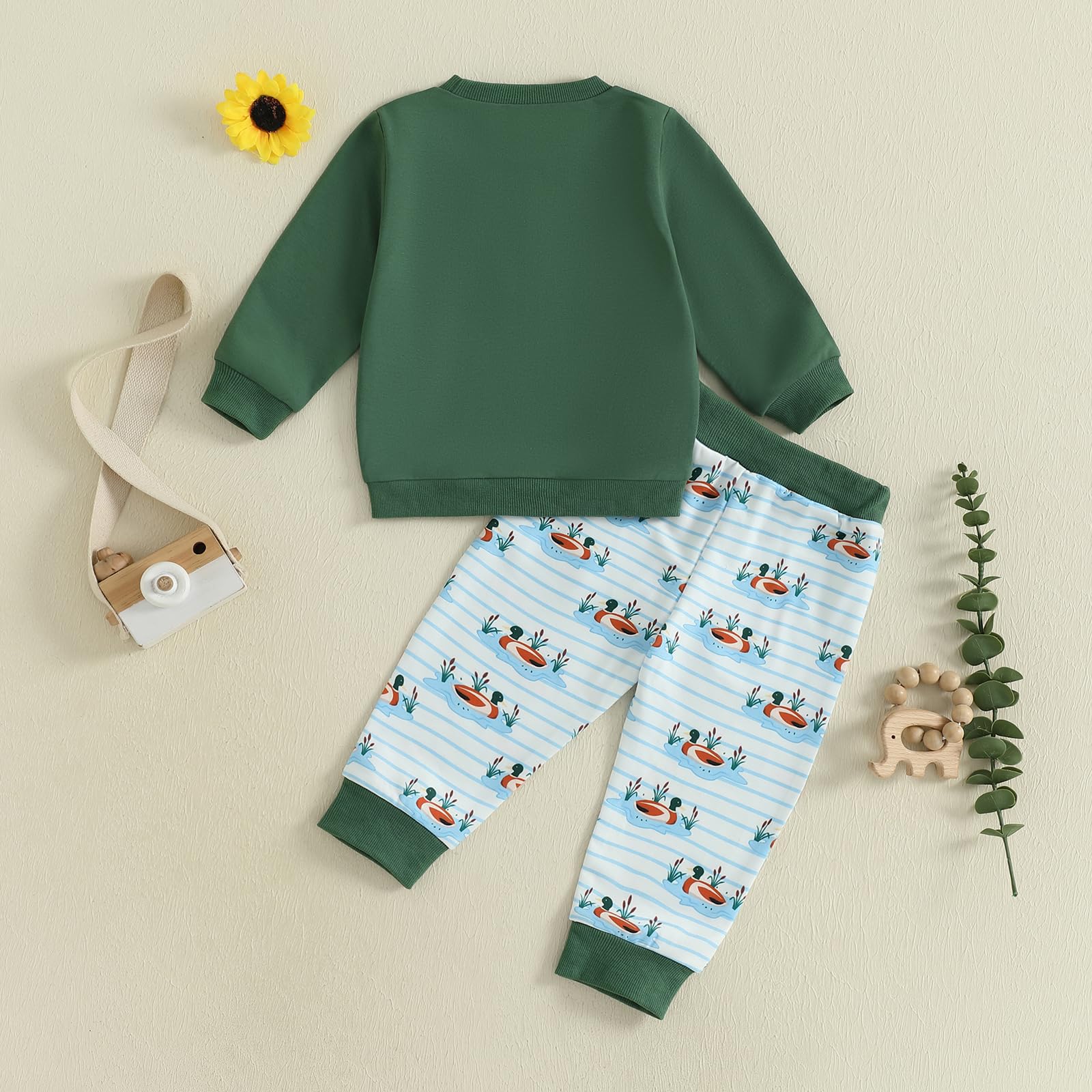 GINEVSAL Toddler Boy Hunting Clothes Long Sleeve Mallard Duck Embroidery Sweatshirt Sweatpants Infant Fall Outfit (Green, 18-24 Months)