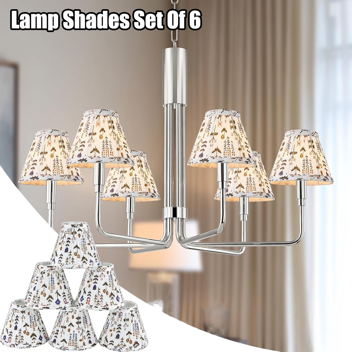 Chandelier Shades Set of 6,Mini Lamp Shade 3" Top x 6" Bottom x5" Slant,Small Lamp Shades Clip On Bulb,Pleated Chandelier Lamp Shades,Fabric Lampshades that Attach to The Bulb(White Floral)