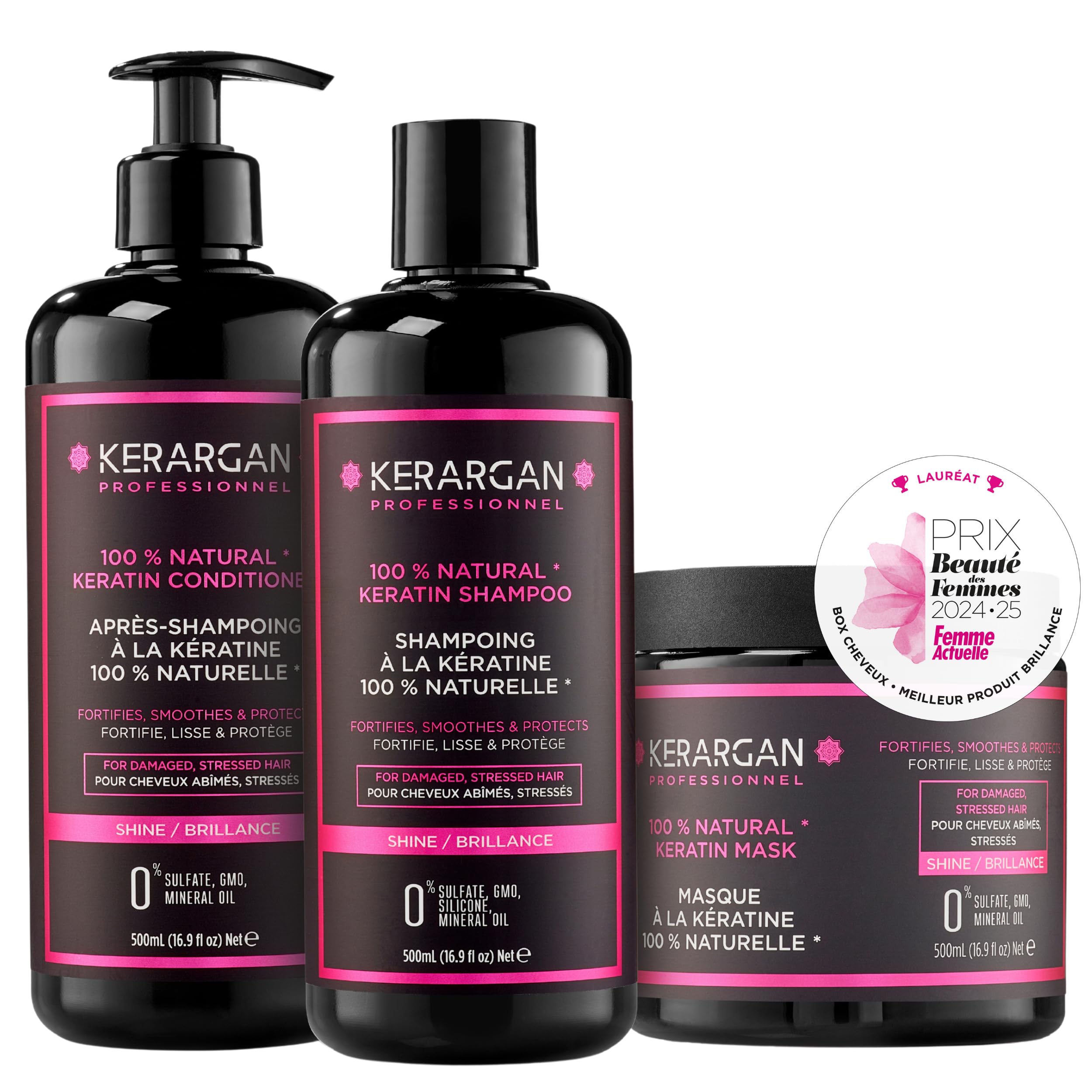 Kerargan - Trio Ultra Réparateur Shampoing, Après-shampoing & Masque à la Kératine pour Cheveux Abîmés et Stressés - Nourrit, Lisse & Renforce - Sans Sulfate, OGM, Silicone - 3x500 ml | Shampoing, après-shampoing et masque, routine réparatrice pour nettoy