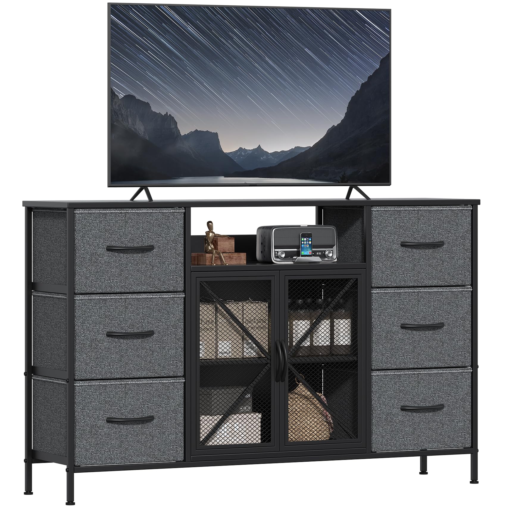 GoaHi Chest of Drawers, 6 Fabric Drawers Storage Unit with Mash Door and Shelf, Fabric Bins and Metal Frame, Storage Drawers for Bedroom, Closet, Hallway, Living Room, Deep Gray