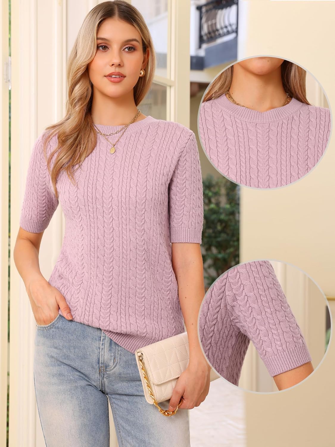 Allegra K Short Sleeve Sweater for Women Cable Knit Sweaters Lightweight Fall Casual Tops 2025 Business Outfits - Image 2