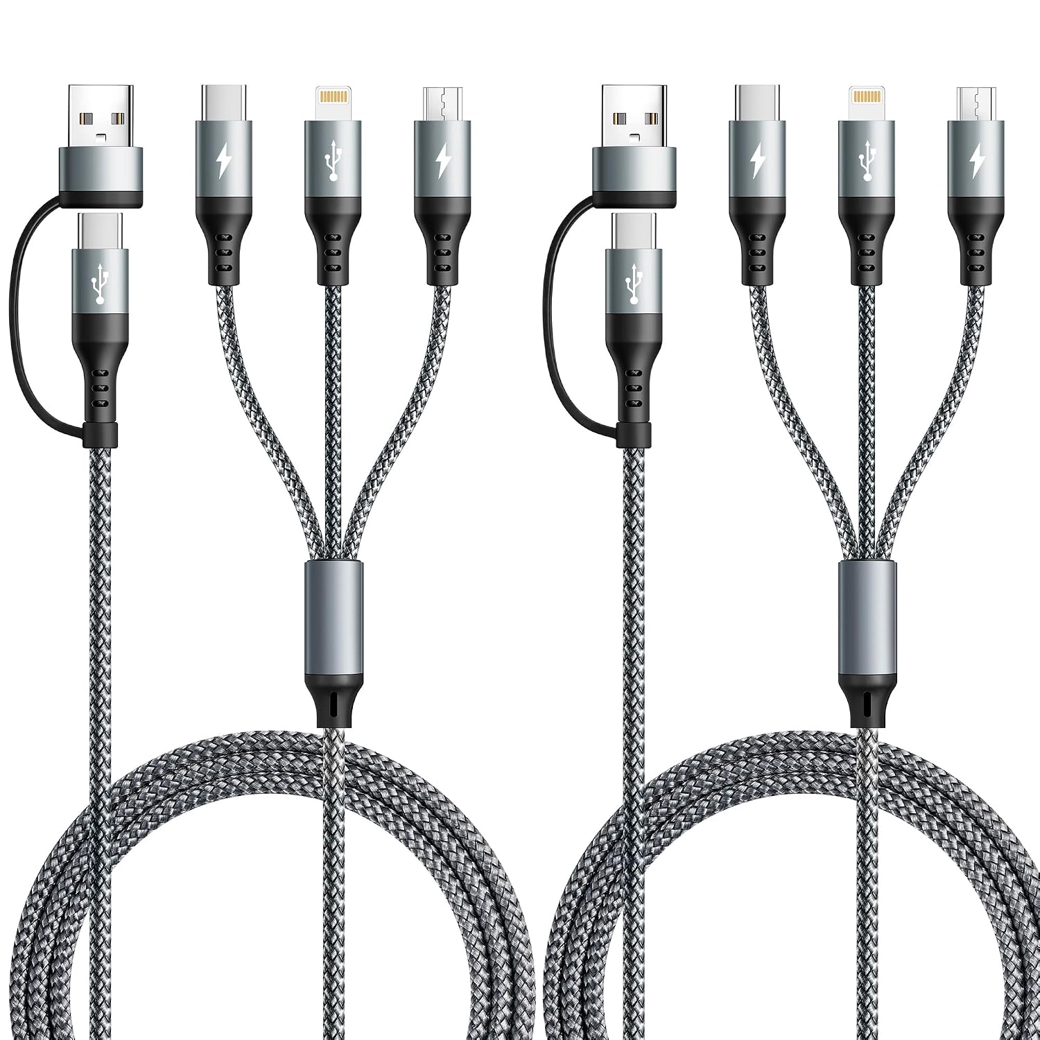 5 in 1 Multi Charging Cable,2Pack 4Ft USB A/C Multi Charger Cable to Lightning/Type C/Micro USB Ports Braided Multiple Charger Cord for All Devices for iPhone Series/Samsung/Tablets/PS and More