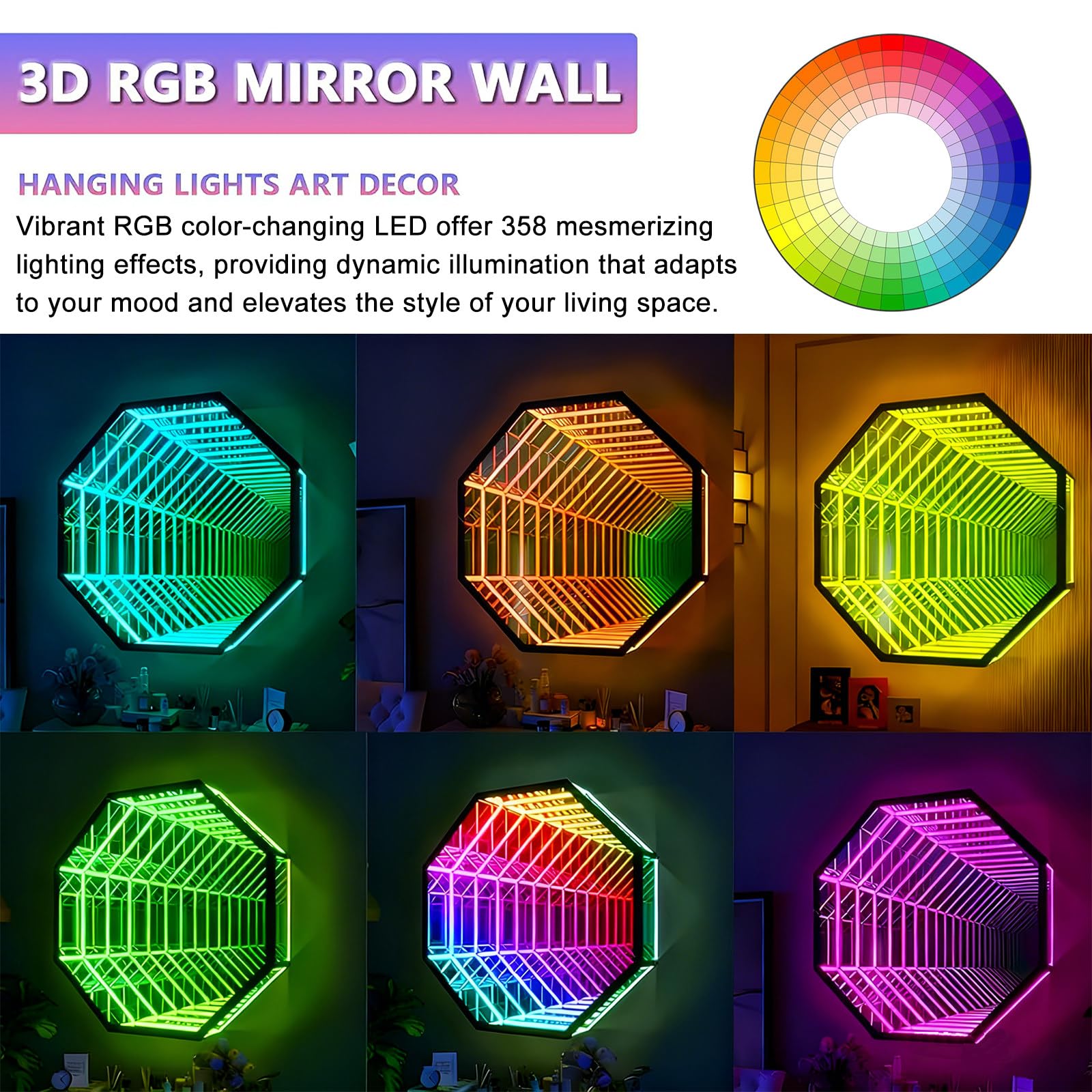 Infinity Mirror Licht 3D LED Nachtlampe mit App Steuerung, Smarte RGB Wandleuchte für Gaming Zimmer und Schlafzimmer, 358 Effekte Octagon Dekoration