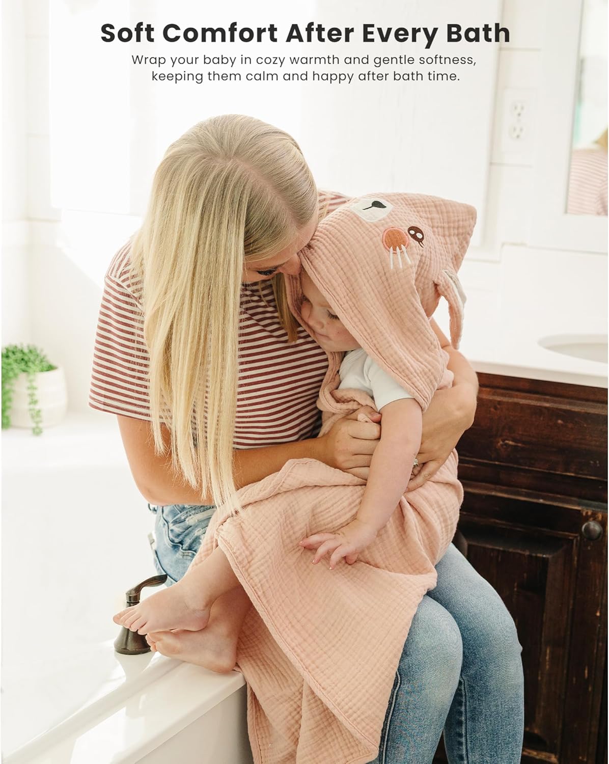 Konssy 2-Pack Muslin Baby Hooded Towels, 100% Cotton, Soft and Absorbent Baby Bath Towels for Newborn, Infant & Toddler with Animal Hooded Design(Bunny & Deer) - Image 2