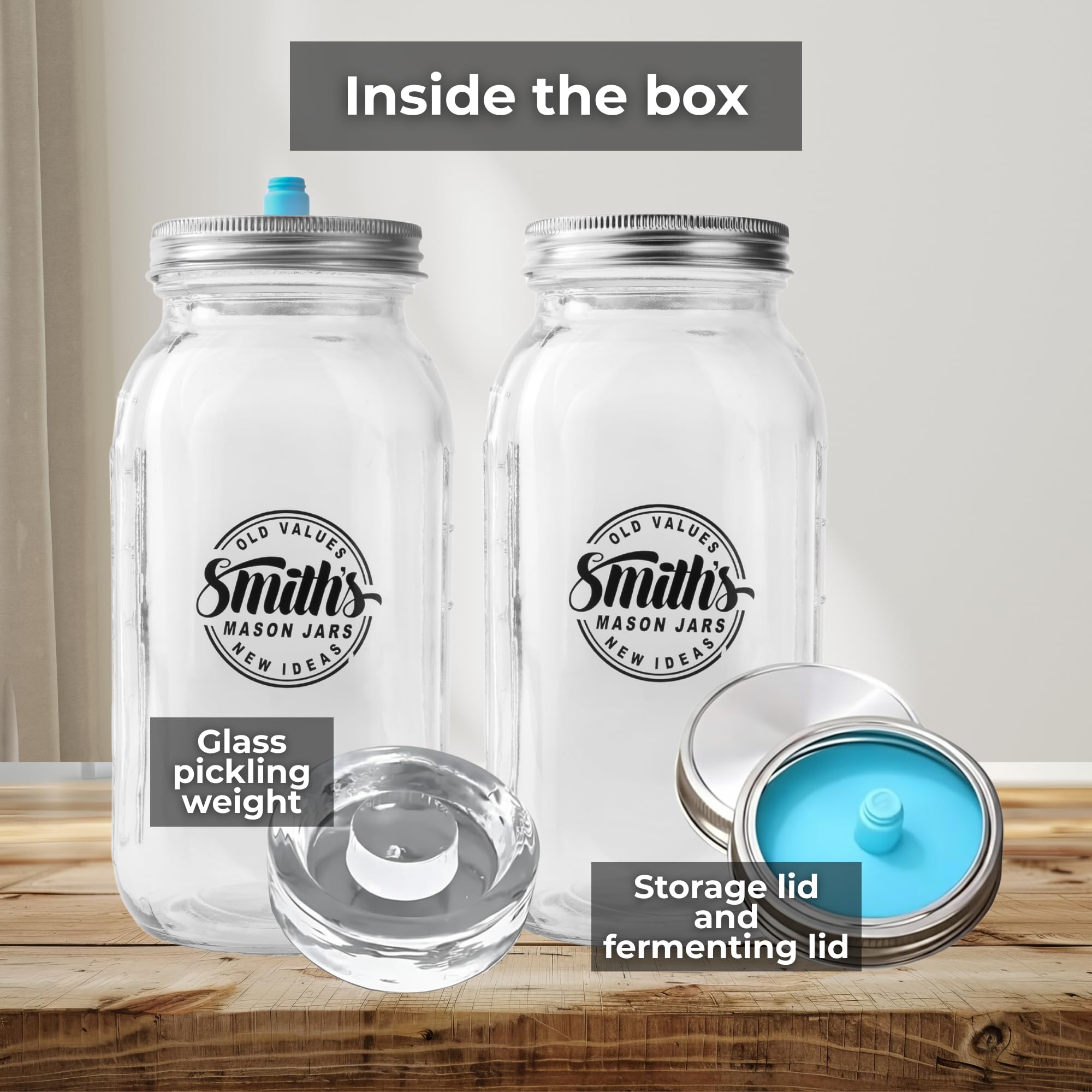 Smiths Mason Jars 2pack 2L Fermenting Clear Glass Jars met houten clip, gewichten en 2st deksels- Ideaal voor Overnight Oats, Kimchi bewaren, Pickles en het bewaren van je favoriete snacks