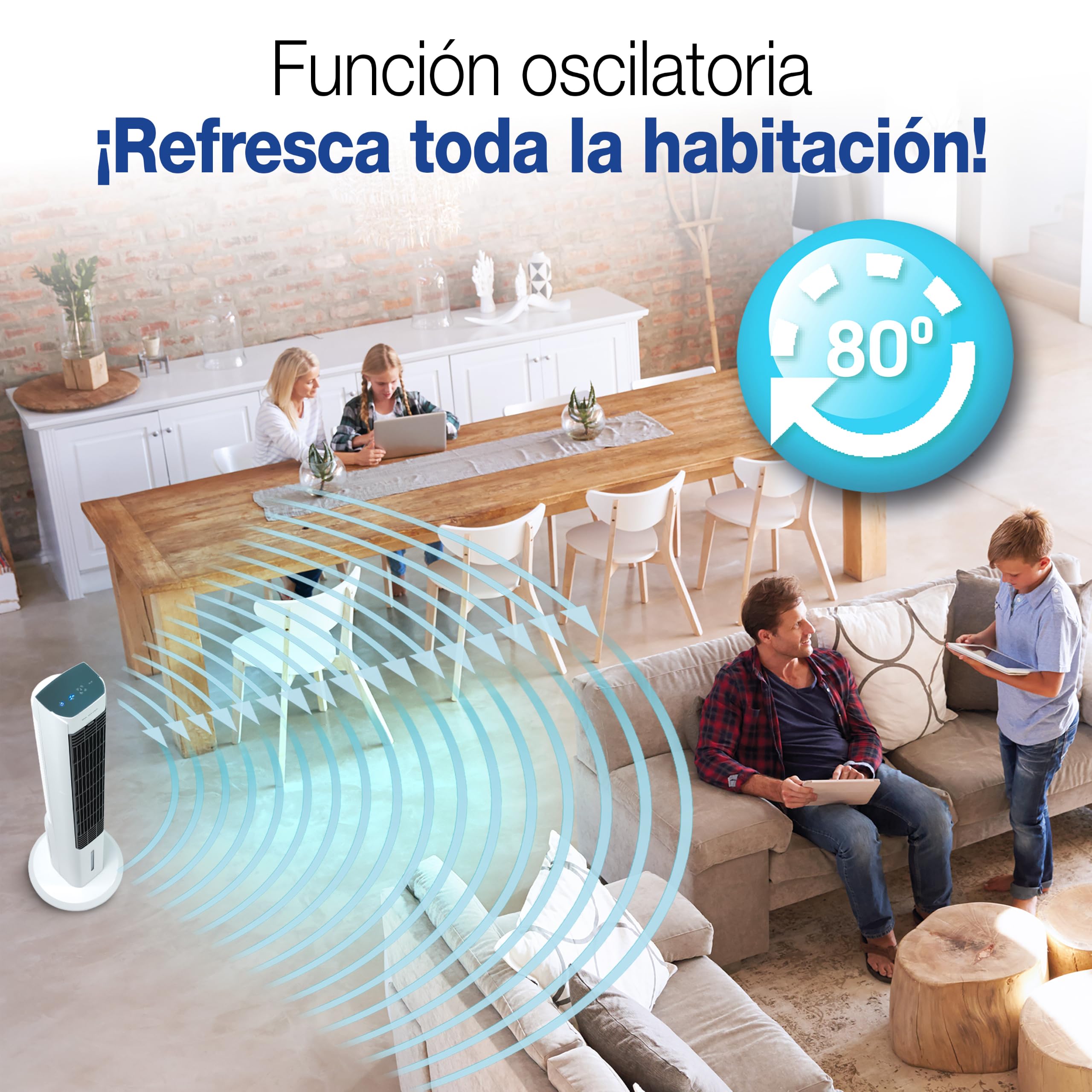 Enfriador Evaporativo de Torre 4 en 1 – Enfriador, Ventilador sin Aspas, Humidificador y Aromatizador, Bajo Consumo 55W, 66dB. Versátil, compacto y portátil. Sin Instalación.
