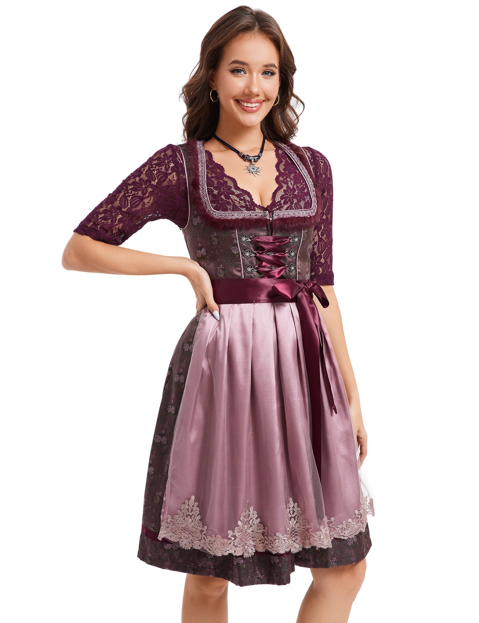 KOJOOIN Dirndl Damen Trachtenkleid Weinrot Dirndlkleid Midi Jacquard Trachtenrock Oktoberfest Outfit mit Dirndlschürzen