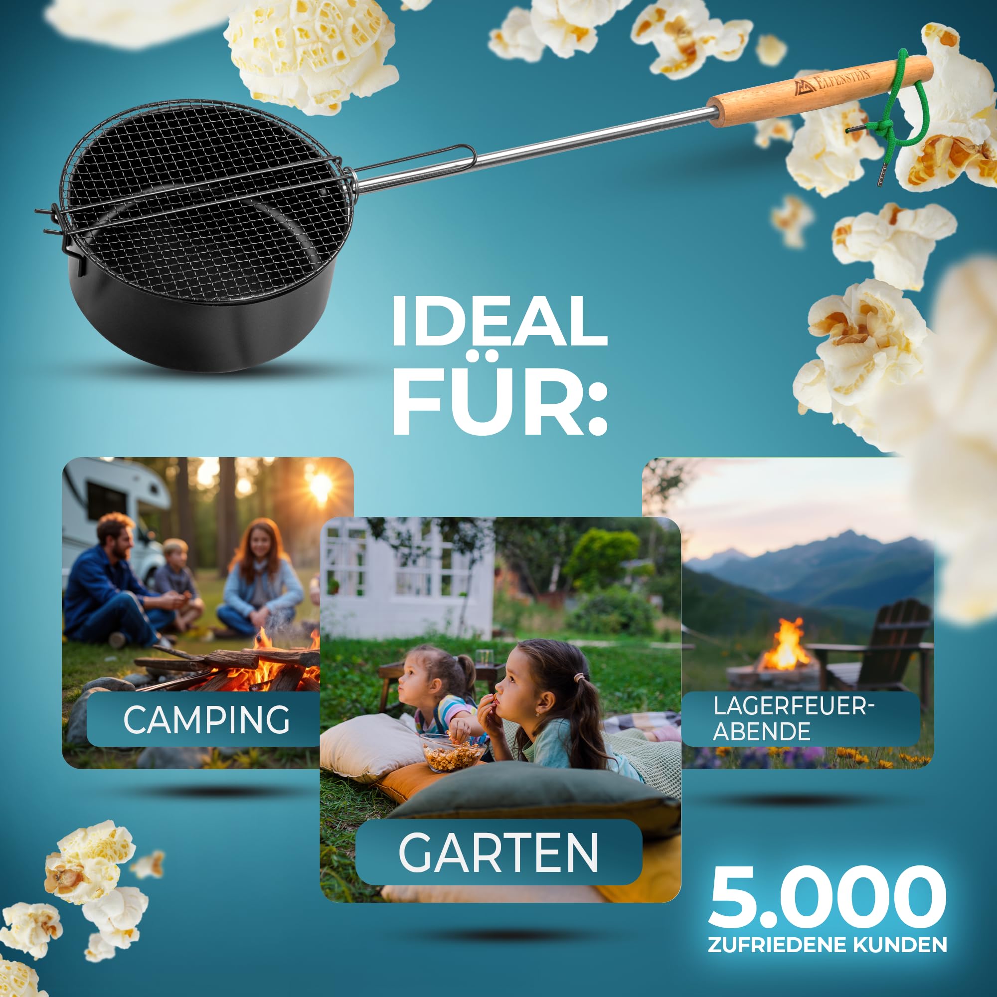 ELFENSTEIN Popcorn Maker Falò – con mais popcorn popcorn e tatuaggi luminosi – popcorn makers in acciaio al carbonio per falò, barbecue e braciere – padella popcorn per esterni