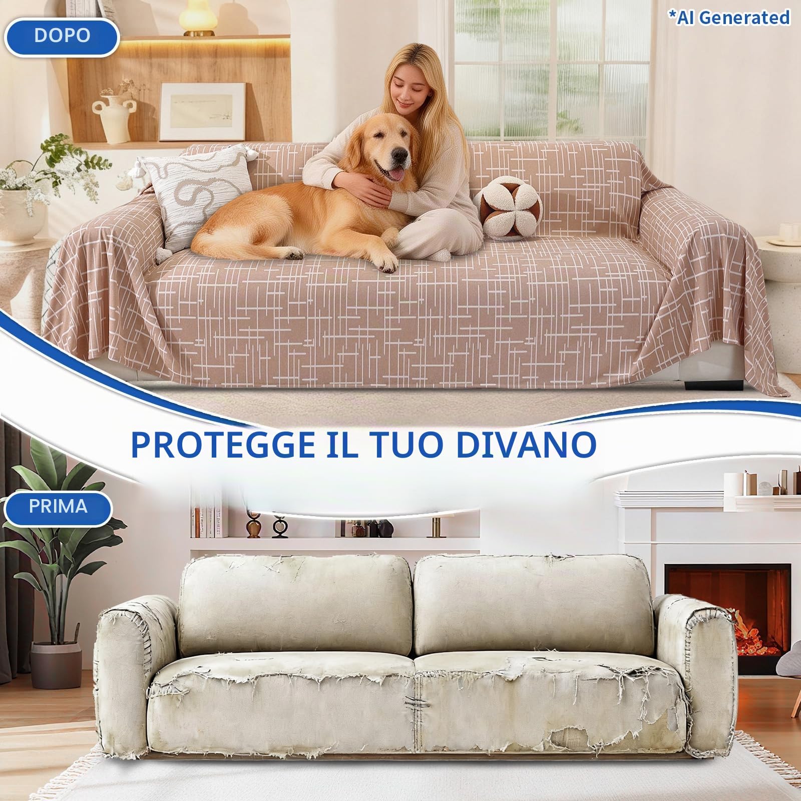 YSTELLAA Copridivano 4 Posti, 200x380 CM, Telo Copridivano Universale Decorativo, Copri Divano Con Braccioli, Copridivani Arredamento Protector, Copritutto Antimacchia Telo Divano, Cammello