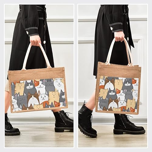Miniatura 4 de CaTaKu Divertidas bolsas de yute con asas y cremallera para gatos, bolsas de arpillera reutilizables con bolsillo frontal de lona, bolsas de regalo