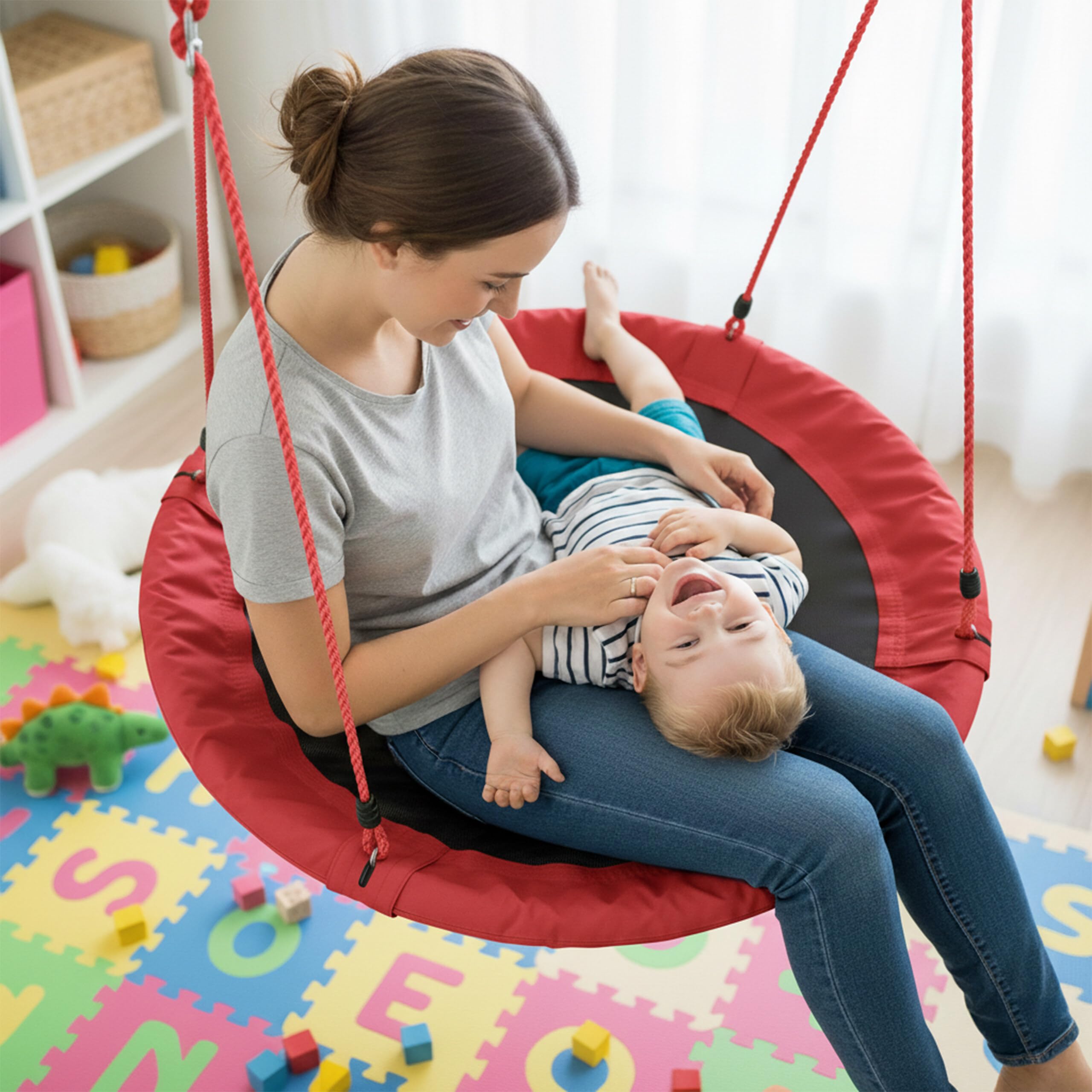Relaxdays Unisex – huśtawka ogrodowa dla dorosłych, czerwona, okrągła, dla dzieci i dorosłych, regulowana, Ø 90 cm, do 100 kg, wys. x śr.: ok. 5 x 90 cm