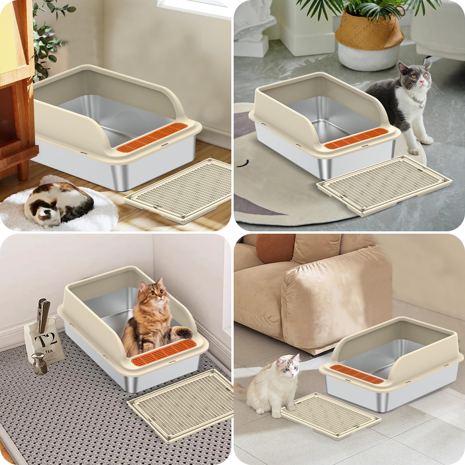 Arenero Acero Inoxidable Gatos, Arenero Gato Grande XXL con Protección contra Salpicaduras, Borde Alto Extraíble, Grande 50x35x25cm para Hogares Varios Gatos, Resistente a Los Olores Duradero (A)
