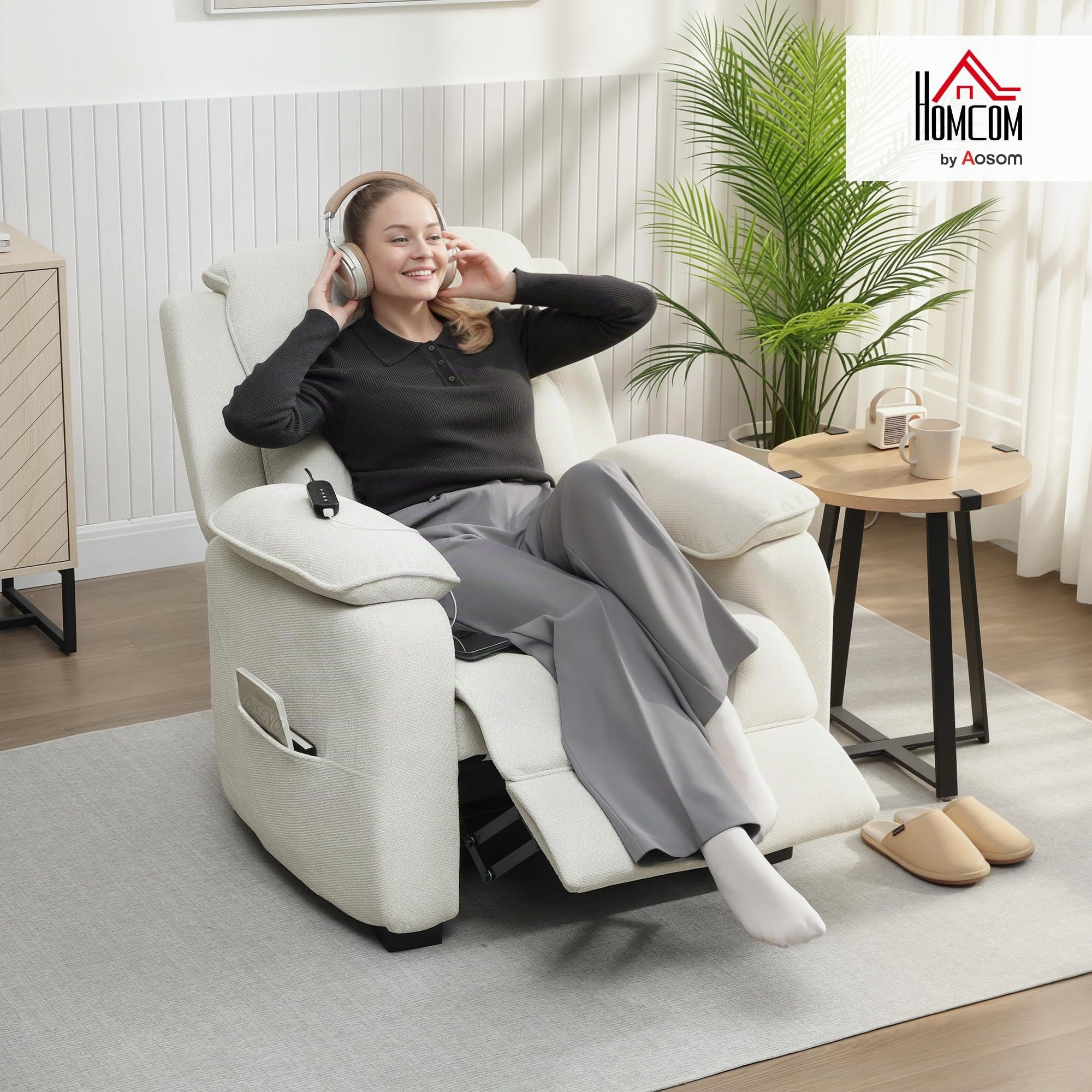 HOMCOM Sillón reclinable eléctrico con Puerto USB Crema | Reposapiés, Bolsillos laterales, Reposacabezas, Mando remoto, Motor silencioso, 2 posiciones de memoria, Sala cine en casa