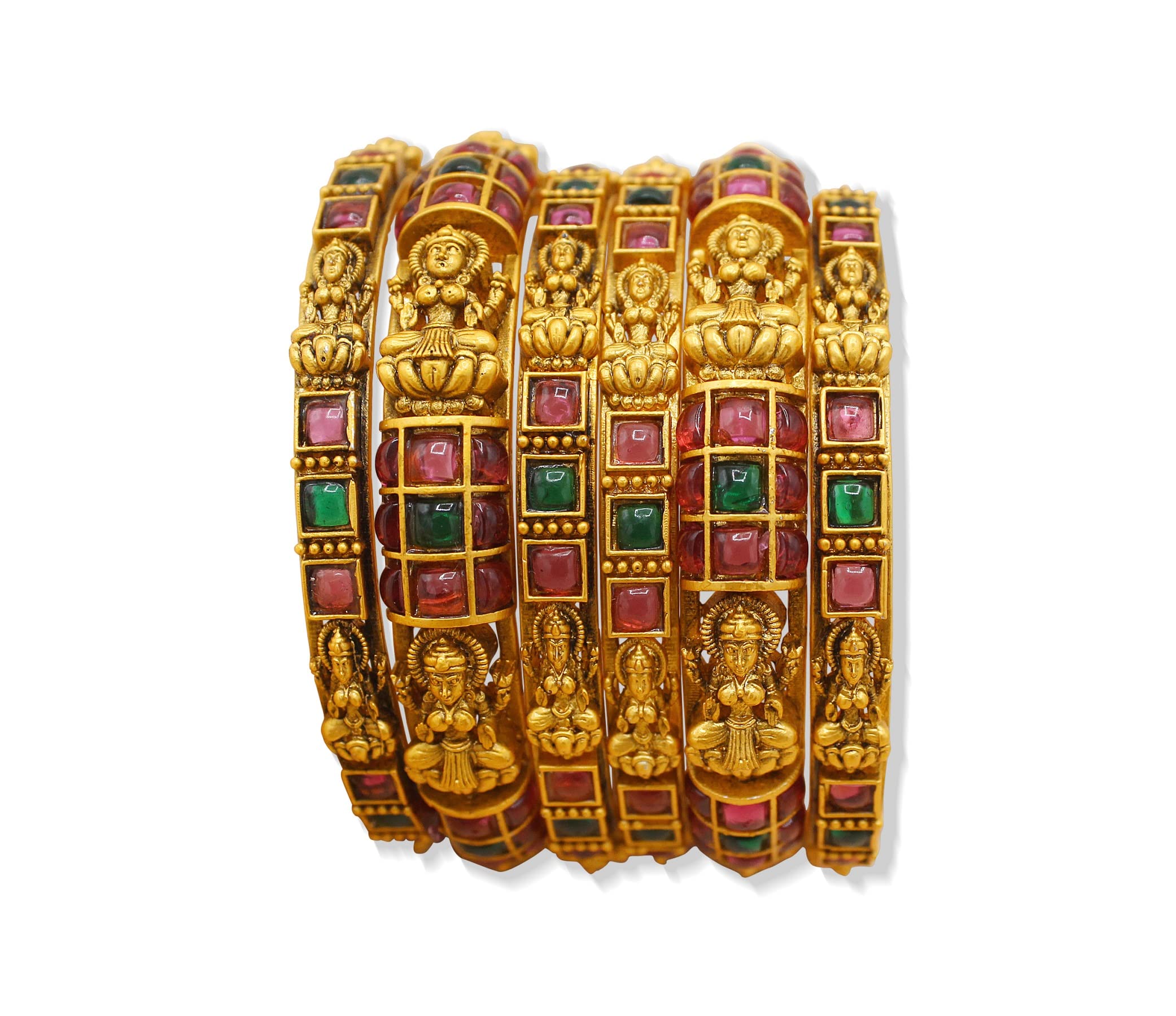 Nagneshi Art Gold Plated Patterned Bangles with Colored Stones and Antique Lakshmi For women (Set of 6)_Size-2.8 (B0BXH3TDFR) Amazon Price History, Amazon Price Tracker