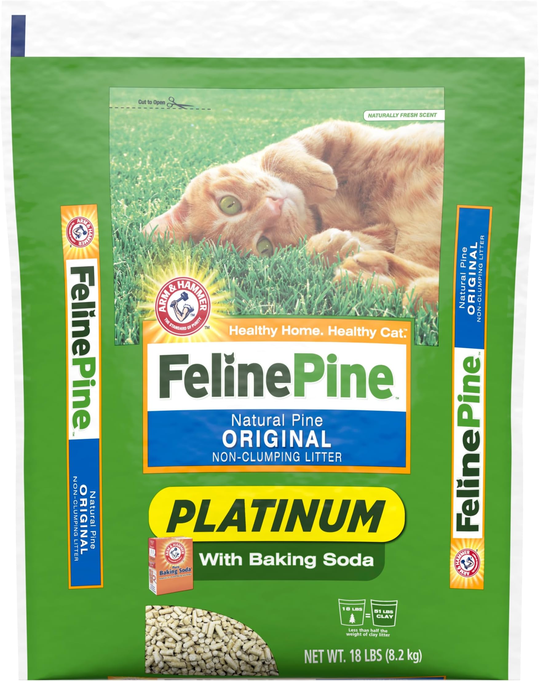 ARM & HAMMER Feline Pine Platinum with Baking Soda Non-Clumping Cat Litter, 18lb Bag, No Added Scent