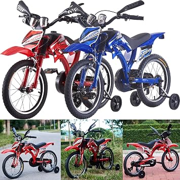 LSLIFE 16 18 20 Inch Kids Bike Boys Motorcycle Bike for 3-13 Years Old Boys Girls Children Motocross Bicycle Motor Shaped Bike with Simulated Motorbike Sound Removable Stabilisers Wheels