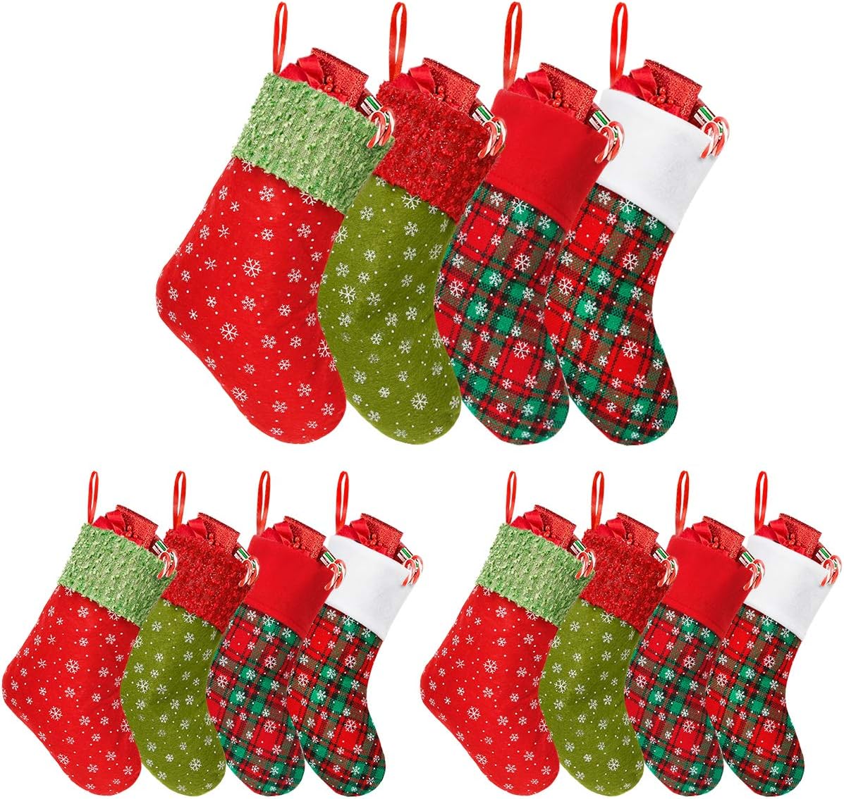 Townshine Mini Christmas Stockings, 9 inch Small Glitter Round Dots Snowflake Printed Felt Cuff Stocking Gift Card Bags Holders for Xmas Tree Decorations (12)