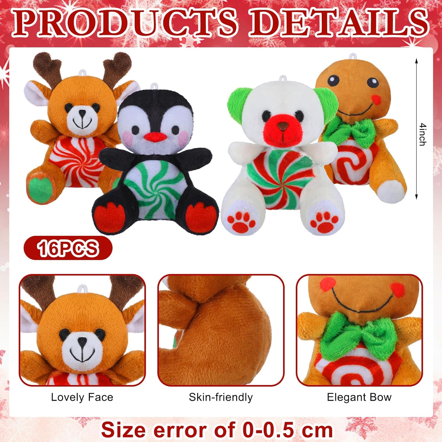 Gejoy 16 Pcs Christmas Peppermint Candy Plush Toys Bulk Mini 4" Reindeer Polar Bear Gingerbread Man Penguin Stuffed Toys with Cards for Party Favors Stocking Goodie Bag Fillers