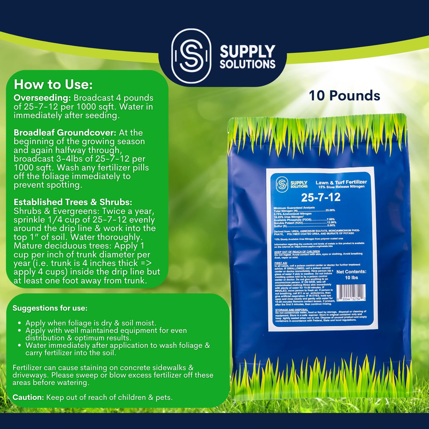 Supply Solutions 25-7-12 Lawn and Turf Fertilizer - 15% Slow Release Nitrogen Lawn Fertilizer for All Grass Types, Shrubs - Turf Builder Plant Food Covers 2,500 sq.ft (10lbs)