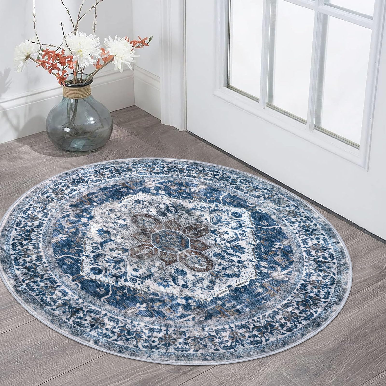 KOZYFLY Round Rug 3 Ft Rugs for Entryway Washable Circle Entrance Rug Non Slip Round Doormat Indoor Printed Faux Wool Round Front Door Mat Floor
