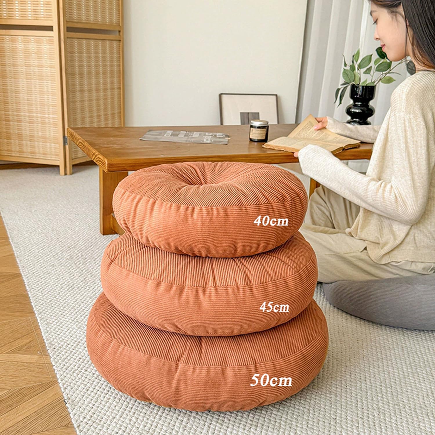 Lot de 2 coussins de sol pour adultes et personnes âgées, coussin de chaise rond rehausseur pour salle à manger, balcon, jardin, yoga, méditation - tatami japonais (2 pièces, 50 cm, orange)
