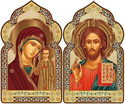 (D) Handcrafted Church Dome Diptych Wooden 7 12 Inch Travel & Home Display Cross - Exquisite Craftsmanship for Sacred Spaces (Virgin of Kazan and