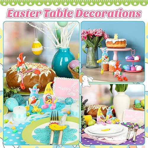 Miniatura 6 de Anglechic 3 figuras de duende de Pascua, decoraciones de mesa, gnomos de Pascua con patas colgantes, figuras de gnomos de resina de primavera para