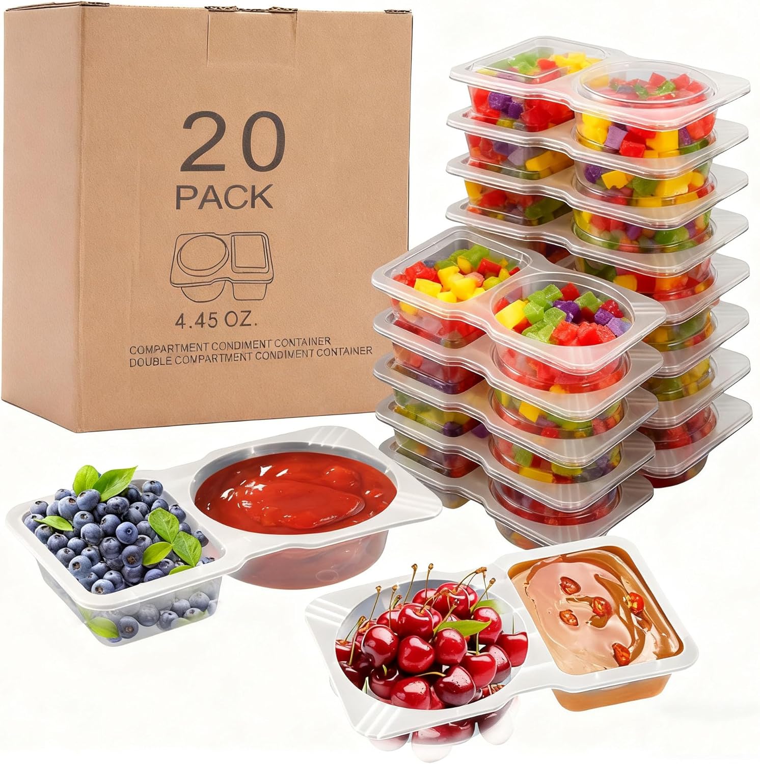 Reusable 2-Compartment Snack Containers with Lids, Divided Bento Box for Adults & Kids, Dishwasher-Safe Small Snack Prep Containers and Dips Cups, 20 Pack