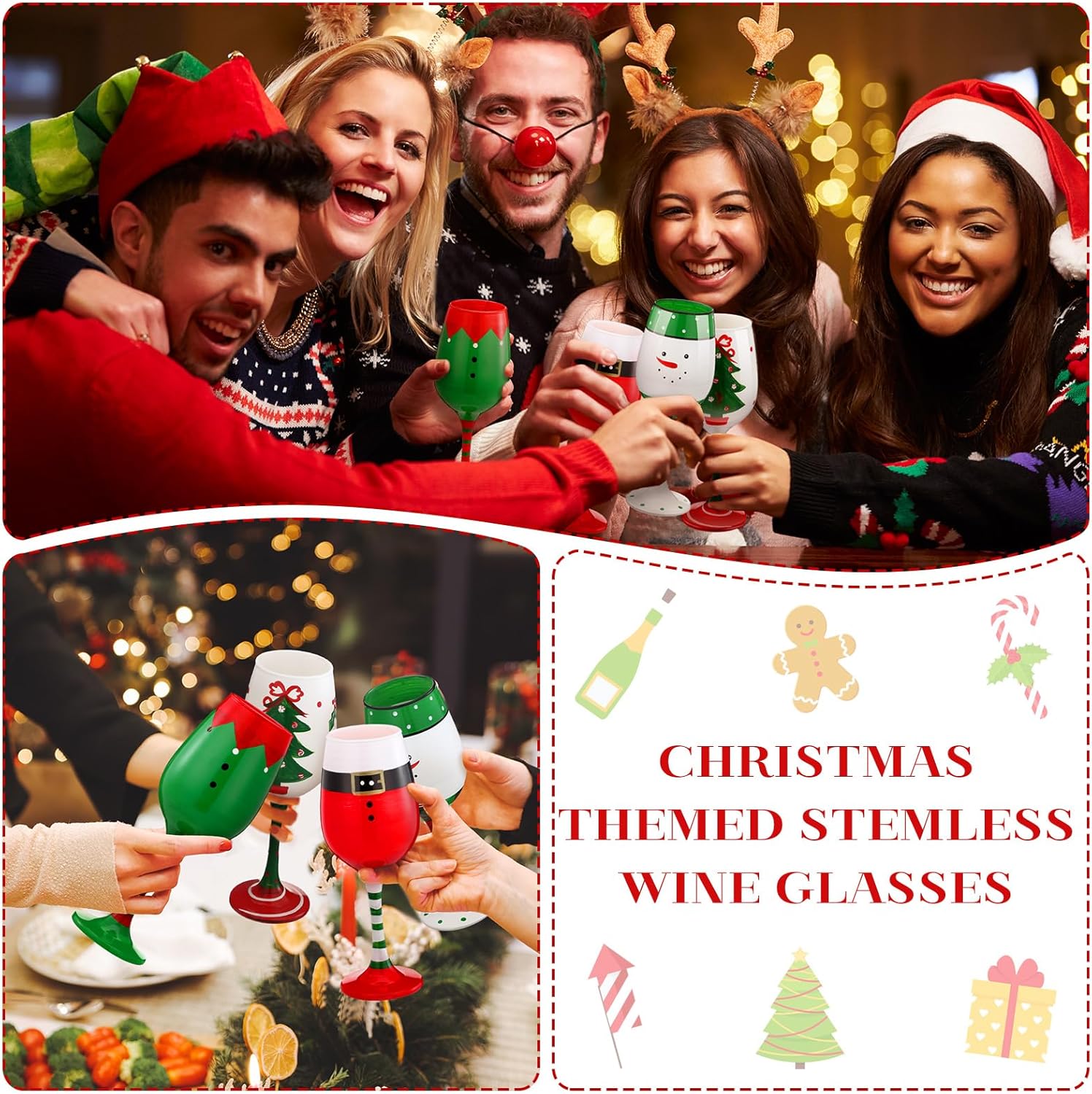 4 Pcs Christmas Wine Glasses 16.8 Oz Set Santa Belt Snowman Drinking Goblets Cups Xmas Hand Painted Wine Cup for Home Bar Diner Birthday Wedding Christmas Party Favors