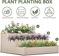 Vista 3 de FDW Jardinera elevada de 3 niveles para exteriores, jardinera de madera de 48 x 48 x 29 pies, con secciones divididas, base abierta para verduras