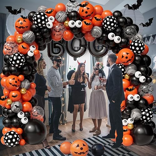 Miniatura 5 de AobkDeco Kit de arco de globos de Halloween de 141 unidades, globos de ojos negros, naranjas y dorados, globos de Halloween con globos BOO,
