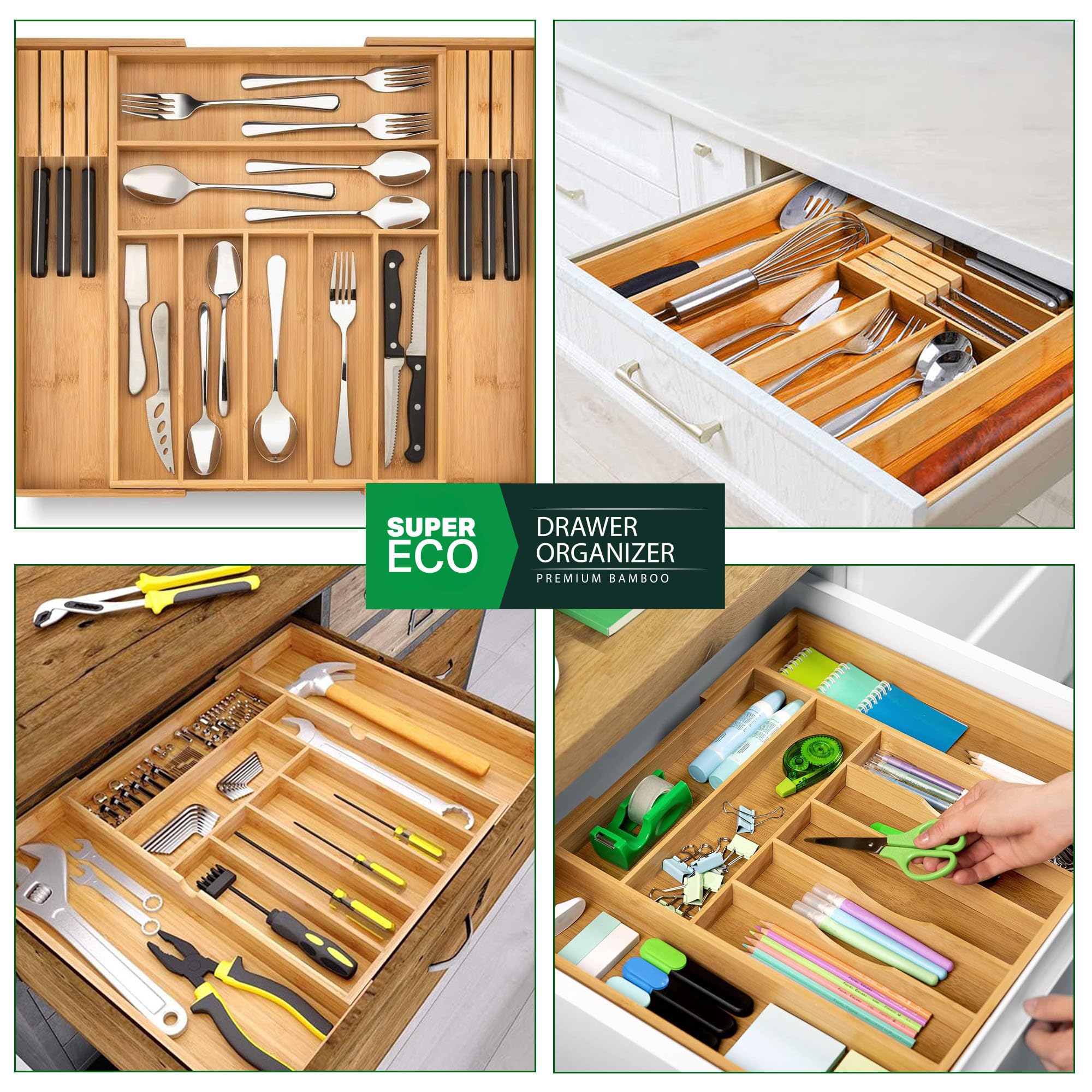Schubladen-Organizer aus Bambus, erweiterbarer Schubladen-Organizer, Utensilienhalter und Besteckkasten, verstellbare Holz-Schubladenteiler für Besteck, Messer (9 Fächer)