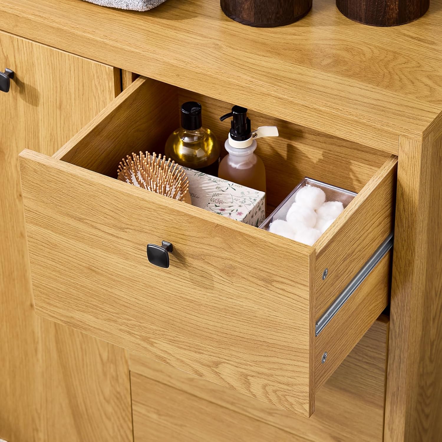 Open drawer of the SoBuy BZR97-SN Laundry Unit showing stored items