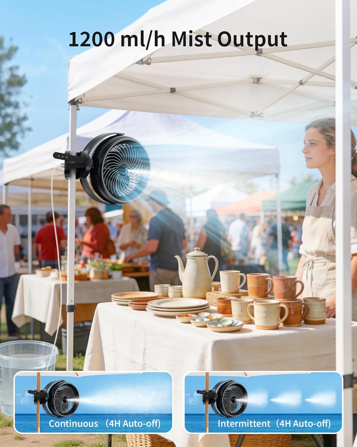 8'' Misting Fan with Clip, 20000mAh Battery Operated Portable Mist Fan, 3 Speeds, 3 Mist Modes, Hook, Silicone strap, Max 90H Runtime for Golf Cart, Canopy, Camping, Outdoor Patios