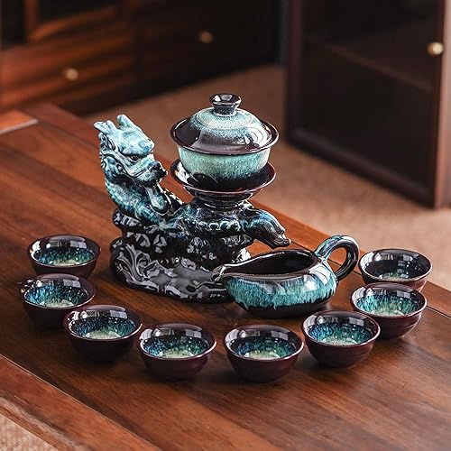 Miniatura 13 de Tetera de cerámica con infusor Juego de té semiautomático, tetera mágica con 8 tazas de color degradado (dragón degradado, C)